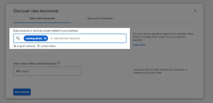 step two is to enter keywords in the the keyword planner tool