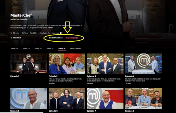 BBC iPlayer, audio description options, sign language options for video