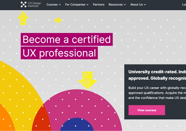 An image of the UX Design Institute's home page with white dots and large warm-colored circle imagery