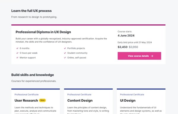 A part of UX Design Institute's home page displaying course offerings