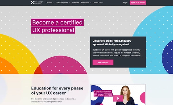 UX Design Institute home page, used as a UX design example
