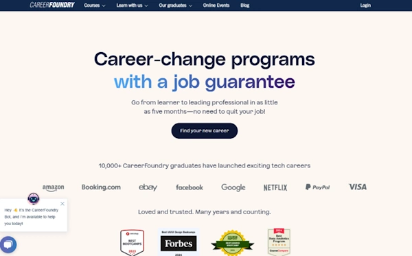Image of the top of CareerFoundry's homepage, bold letters displaying their offering statement