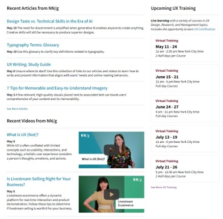 A content layout with neatly organized links to articles, videos, and events