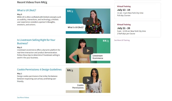 Video links and event links are displayed in a content layout