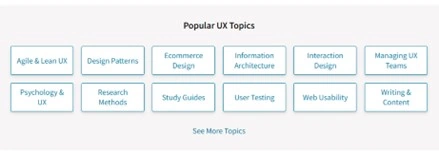 A grid of buttons leading to popular UX topics