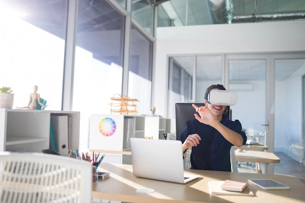 An individual is using a virtual reality headset to interact with their imagery tools